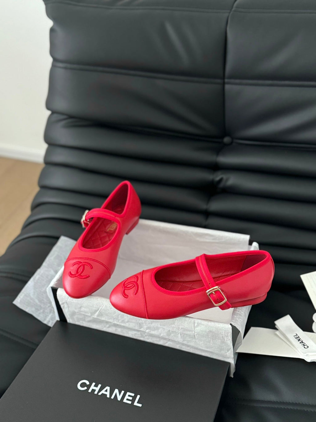 Chanel Mary Jane Shoes in Rose Red Lambskin