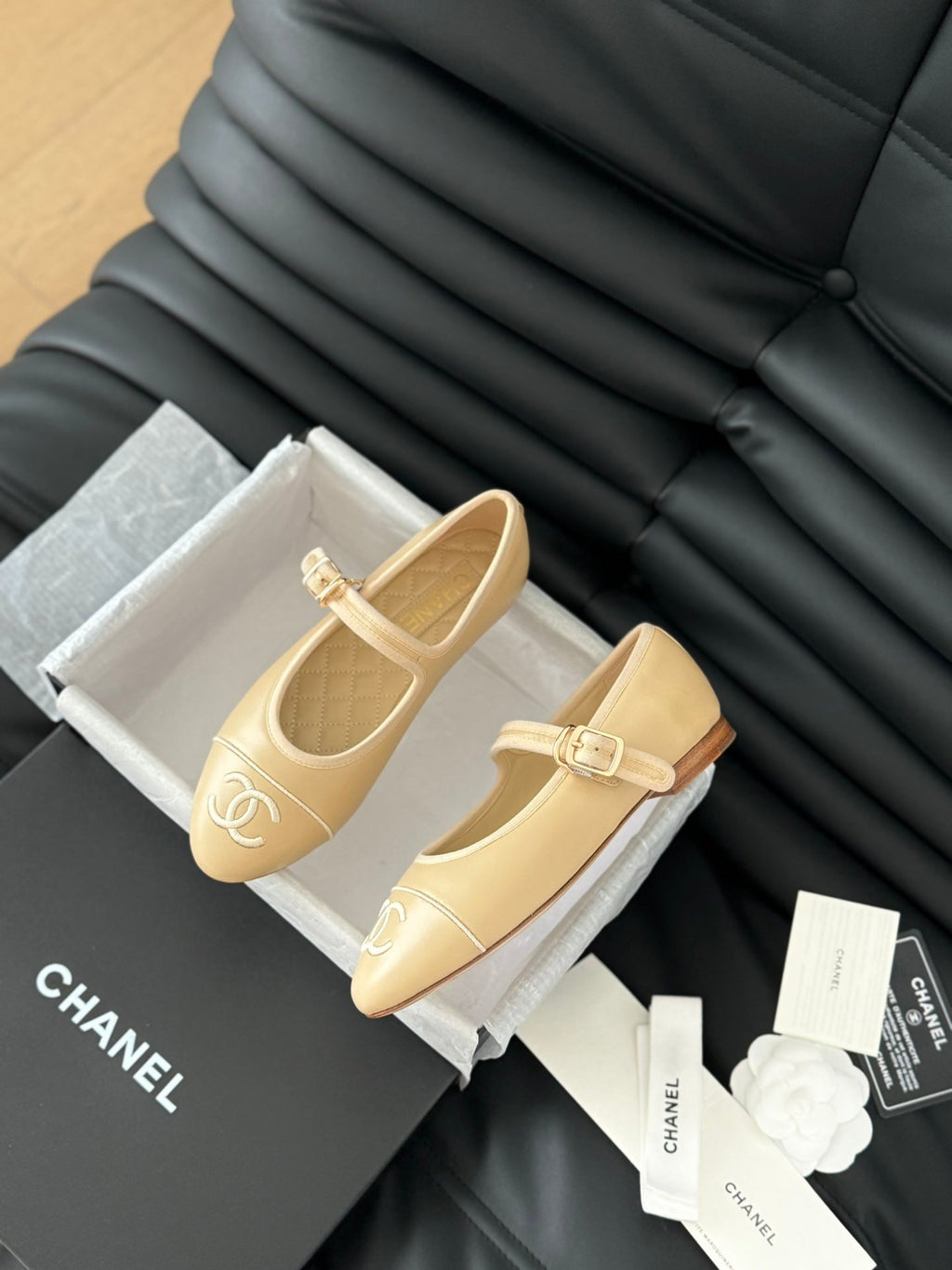 Chanel Mary Jane Shoes in Dark Cream Lambskin