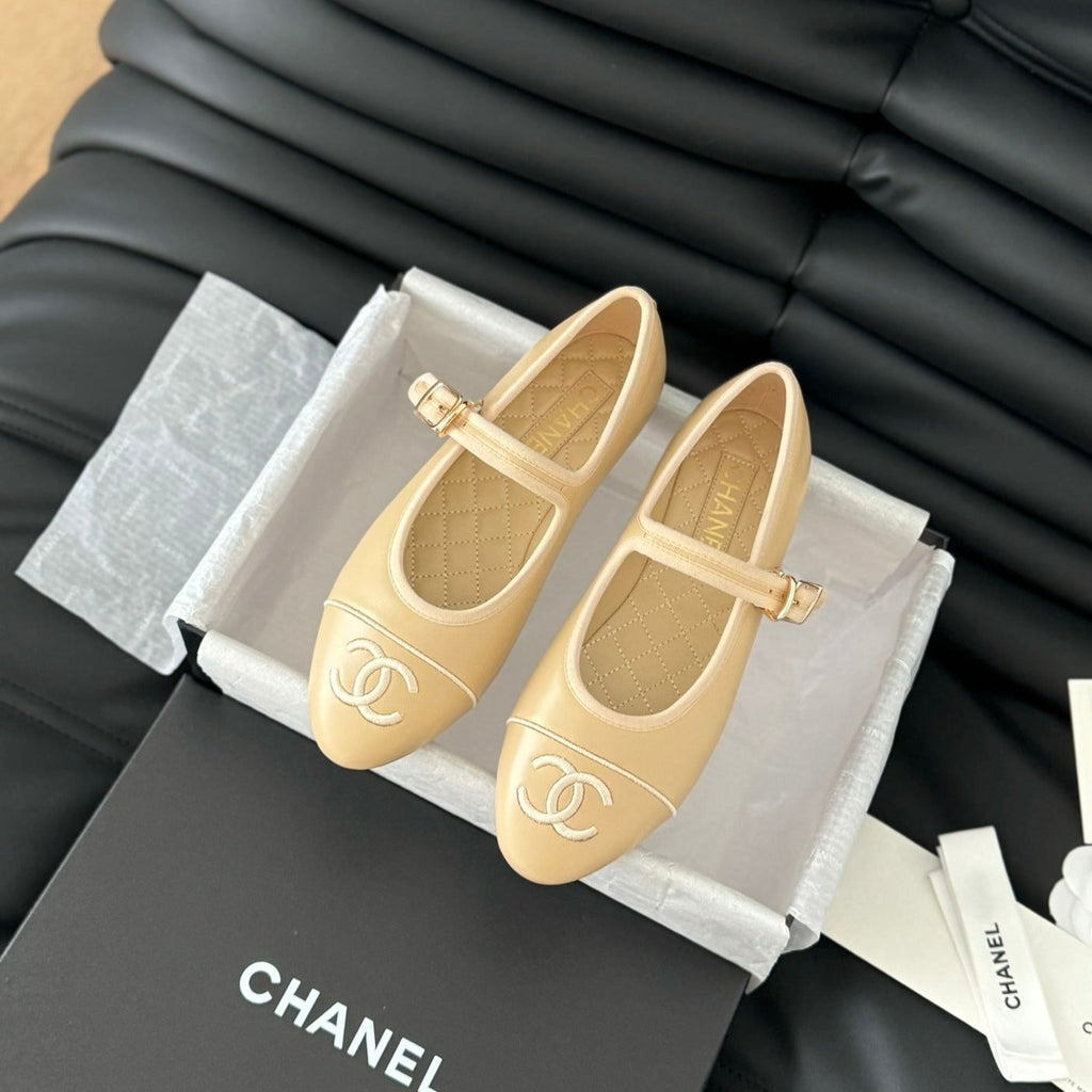 Chanel Mary Jane Shoes in Dark Cream Lambskin
