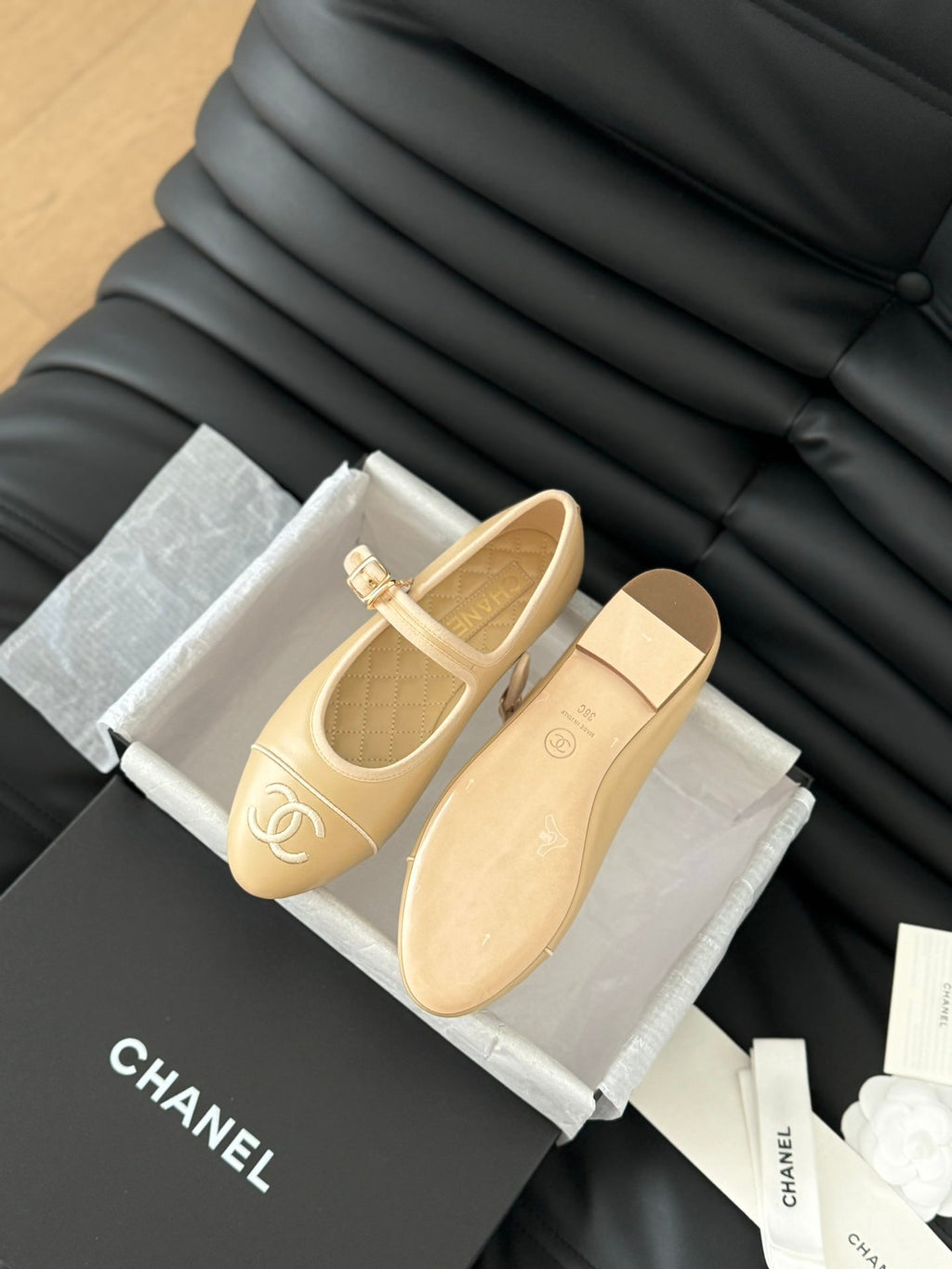Chanel Mary Jane Shoes in Dark Cream Lambskin