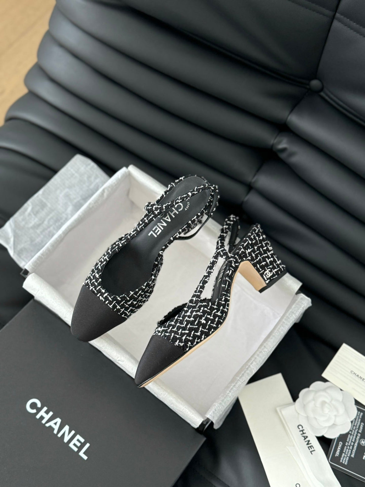 Chanel High Slingback in Black Mix White Tweed and Lambskin
