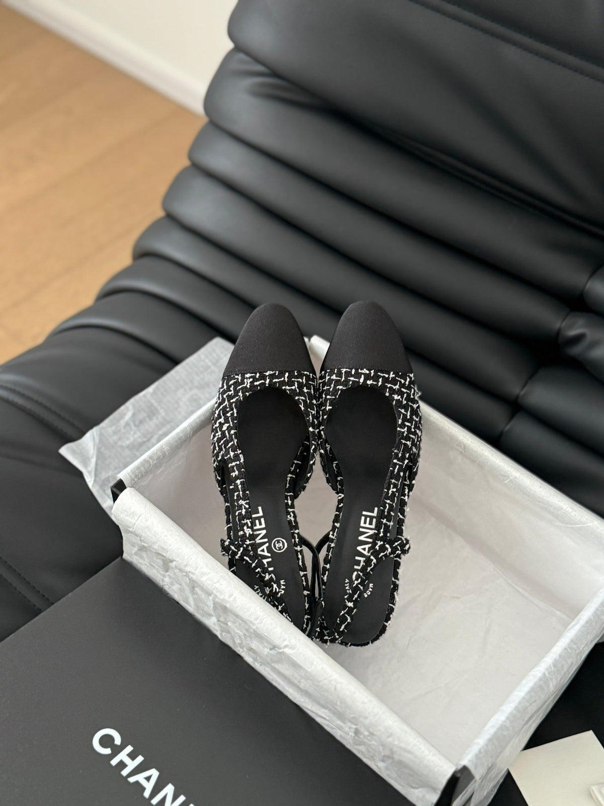 Chanel High Slingback in Black Mix White Tweed and Lambskin