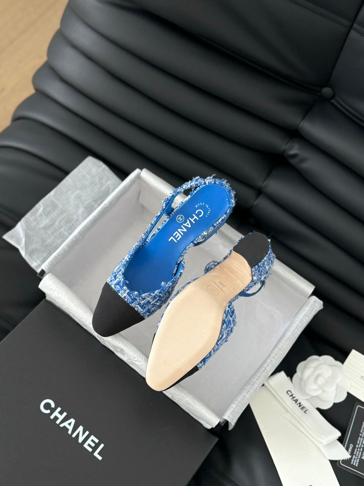 Chanel High Slingback in Cobalt Blue Tweed and Black Lambskin