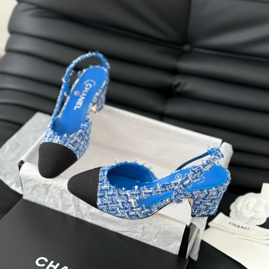 Chanel High Slingback in Cobalt Blue Tweed and Black Lambskin
