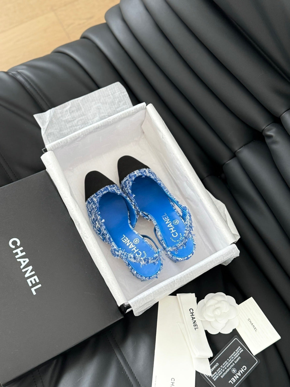 Chanel High Slingback in Cobalt Blue Tweed and Black Lambskin