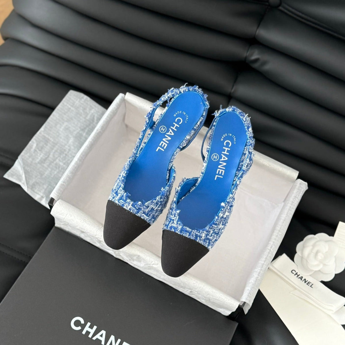 Chanel High Slingback in Cobalt Blue Tweed and Black Lambskin