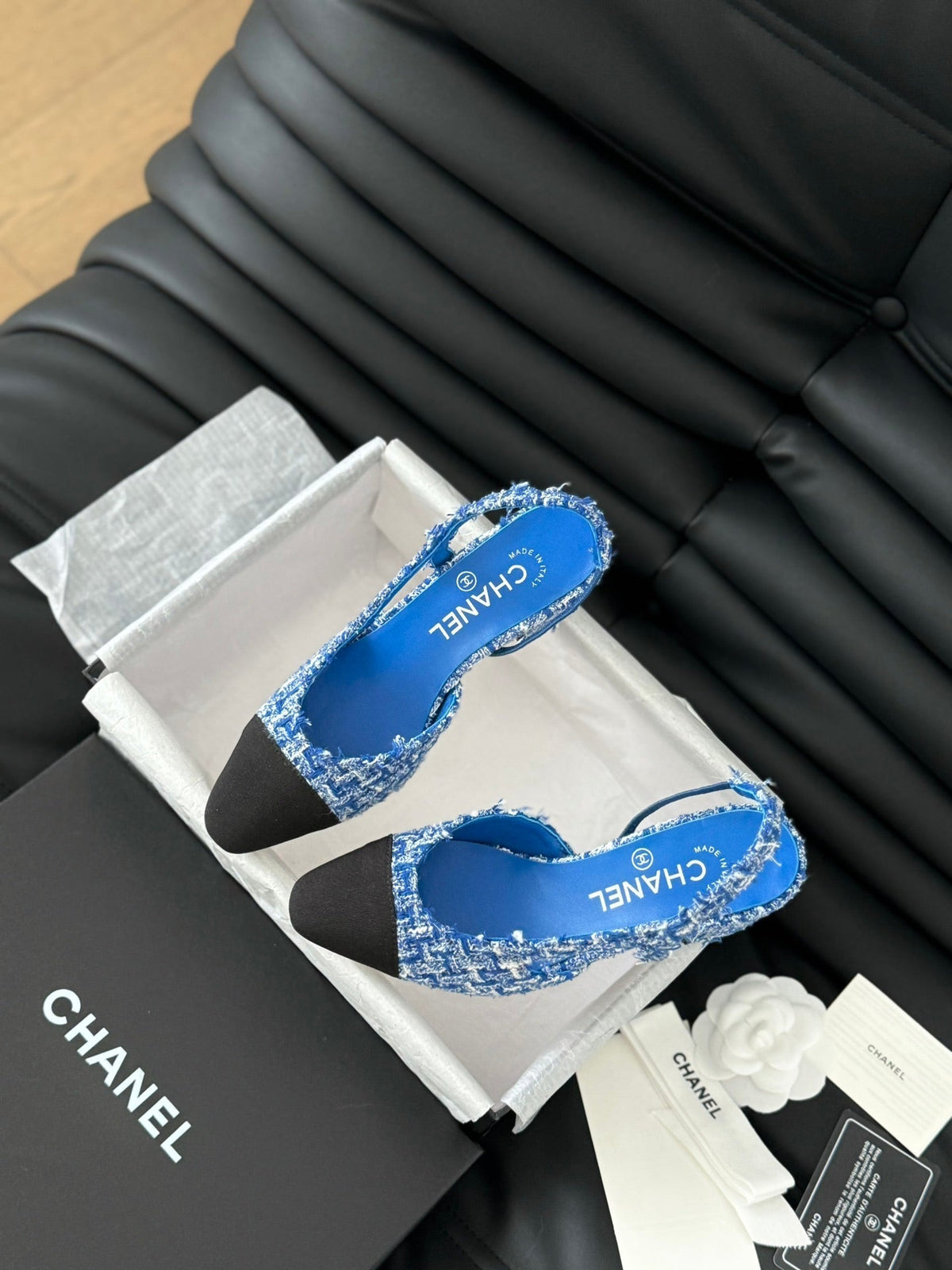Chanel High Slingback in Cobalt Blue Tweed and Black Lambskin