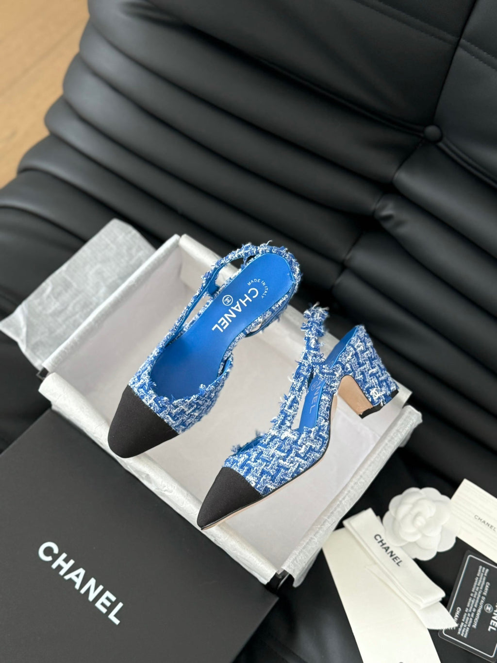Chanel High Slingback in Cobalt Blue Tweed and Black Lambskin