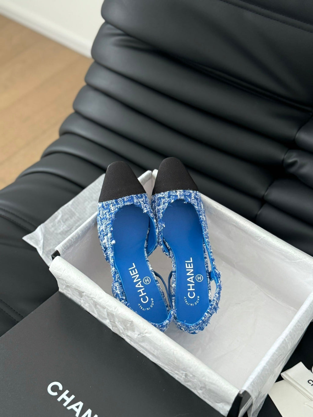 Chanel High Slingback in Cobalt Blue Tweed and Black Lambskin