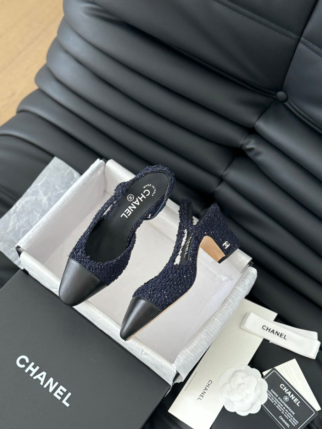 Chanel High Slingback in Navy Blue Tweed and Black Lambskin