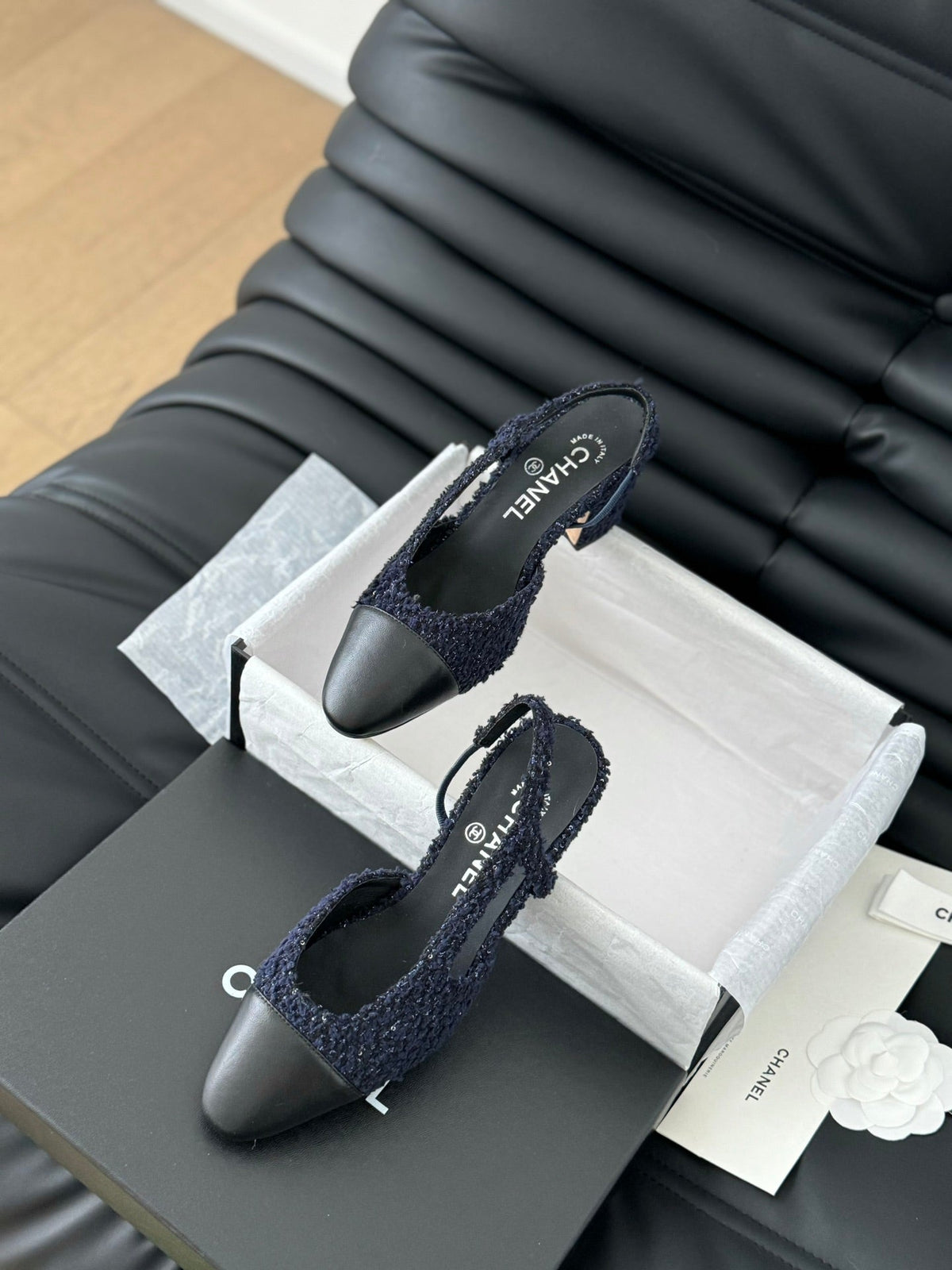 Chanel High Slingback in Navy Blue Tweed and Black Lambskin