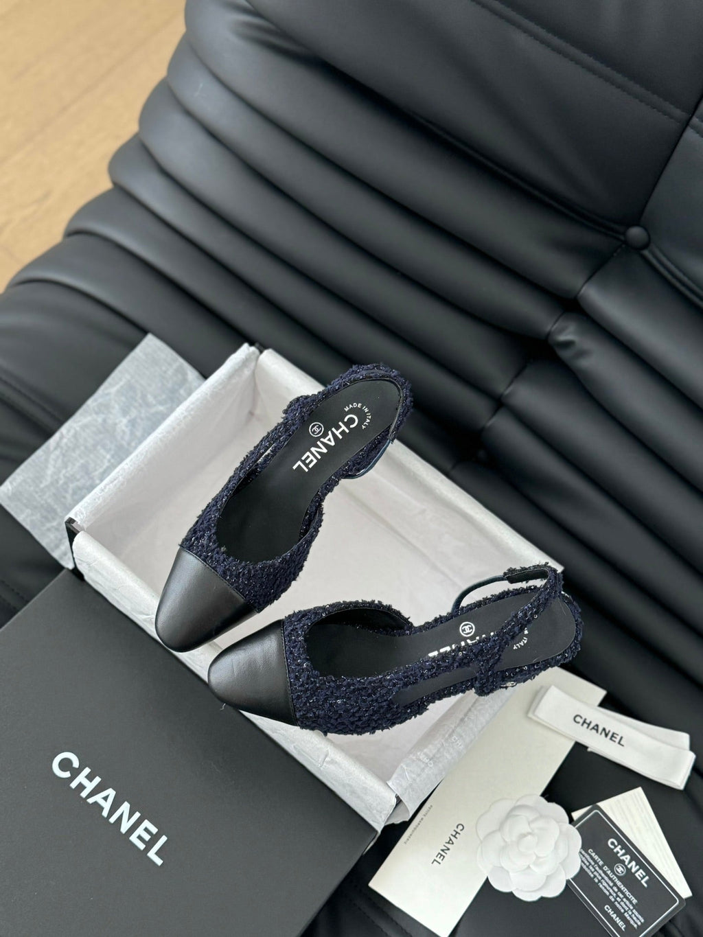 Chanel High Slingback in Navy Blue Tweed and Black Lambskin