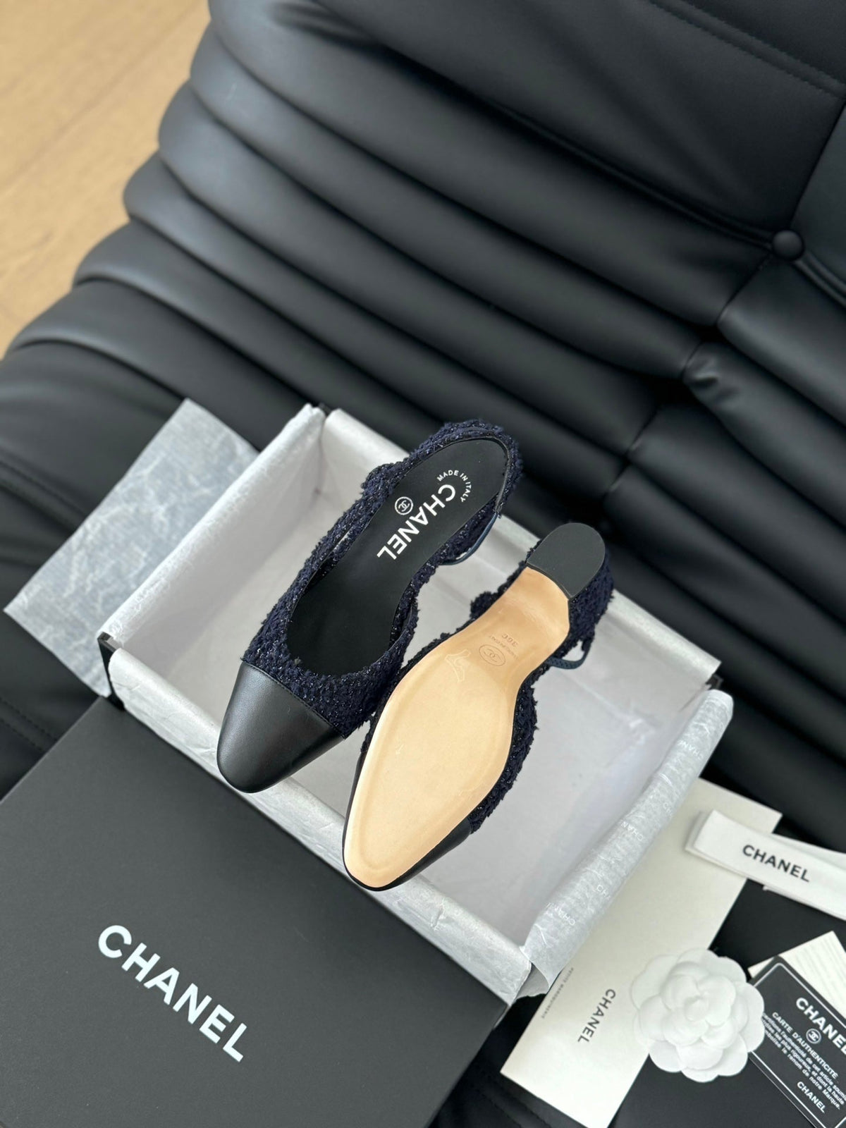 Chanel High Slingback in Navy Blue Tweed and Black Lambskin