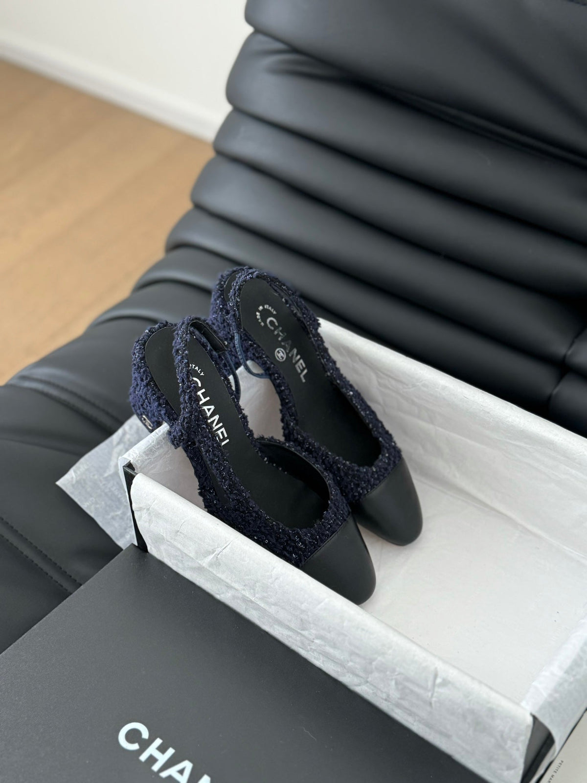 Chanel High Slingback in Navy Blue Tweed and Black Lambskin