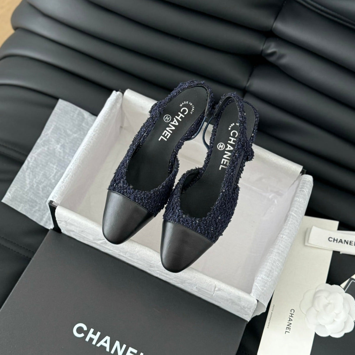 Chanel High Slingback in Navy Blue Tweed and Black Lambskin
