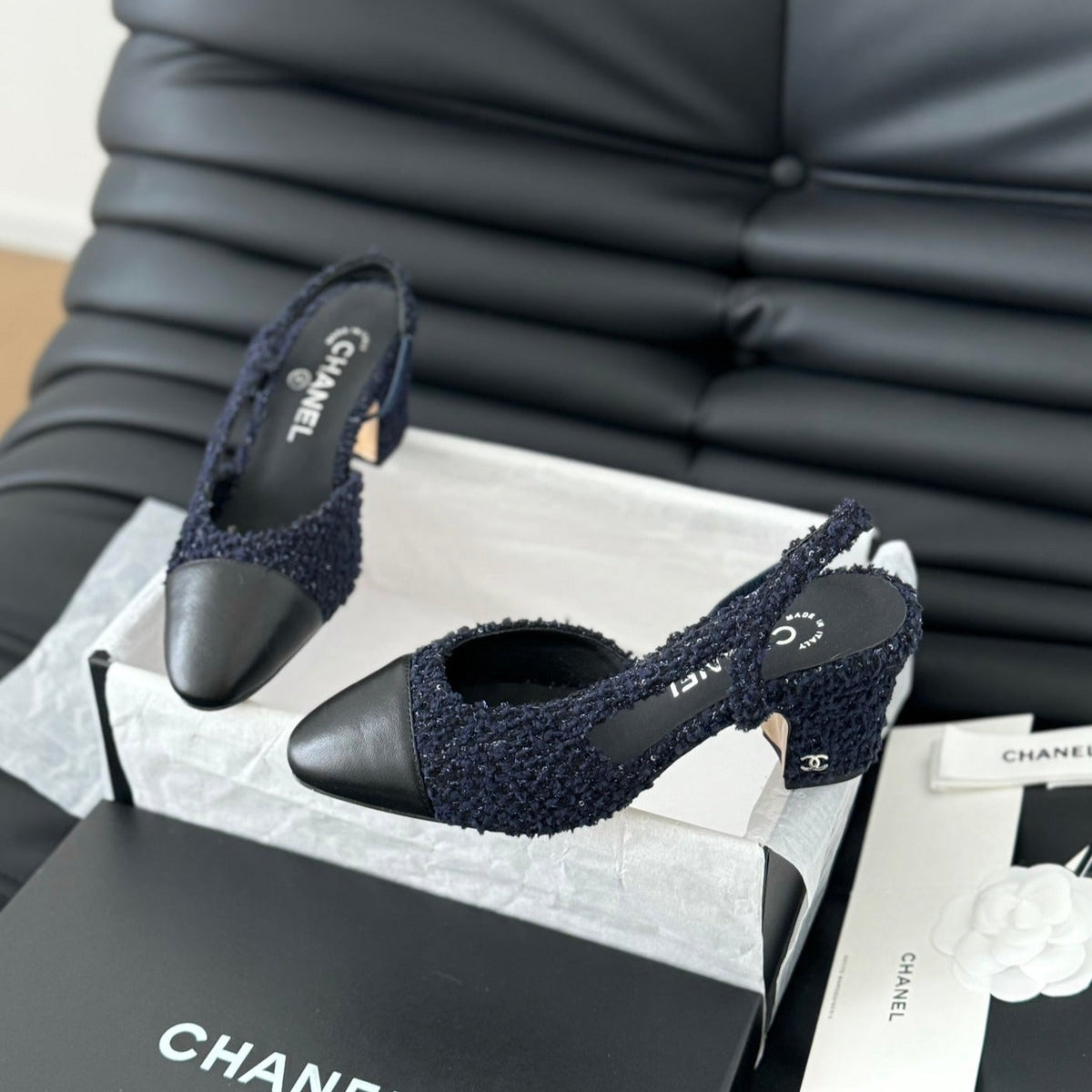 Chanel High Slingback in Navy Blue Tweed and Black Lambskin