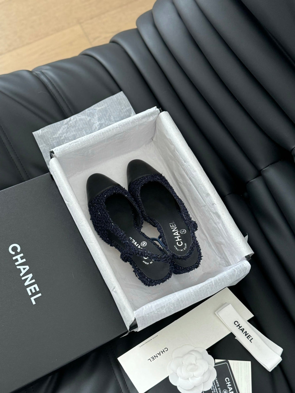 Chanel High Slingback in Navy Blue Tweed and Black Lambskin
