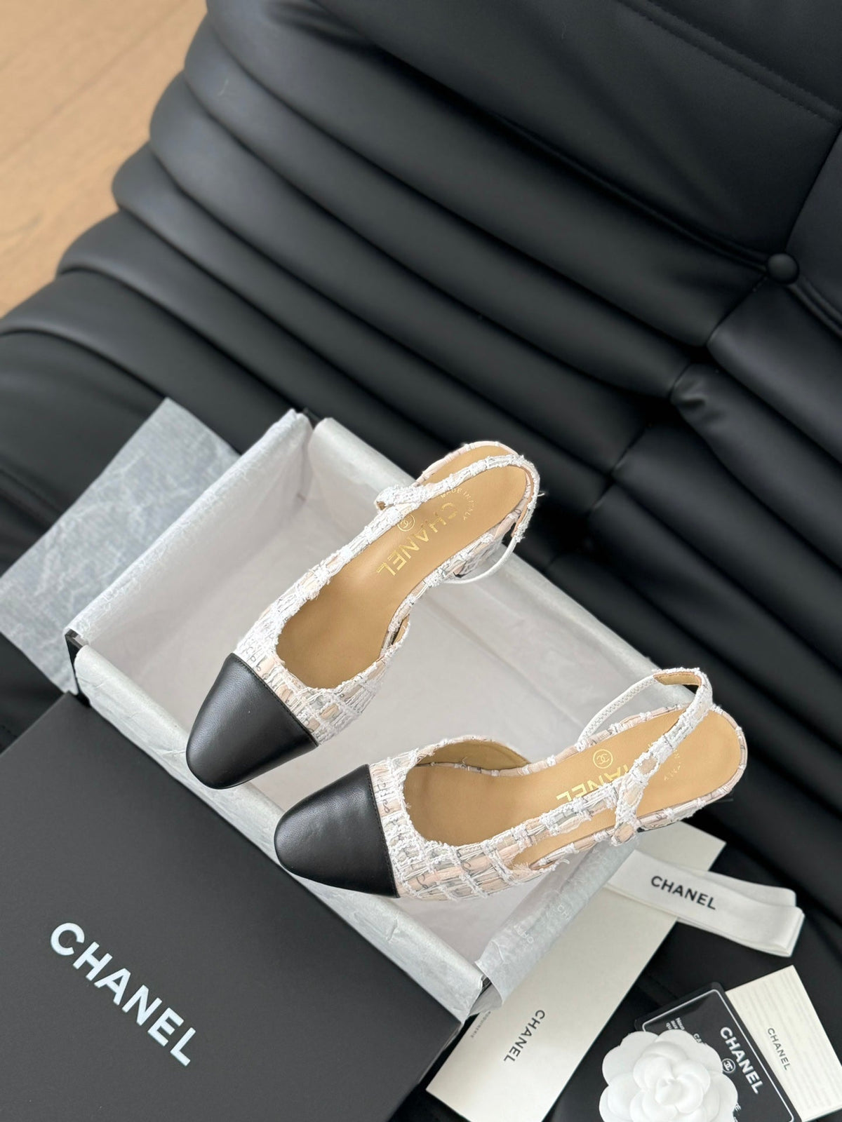 Chanel High Slingback in Beige Tweed and Black Lambskin