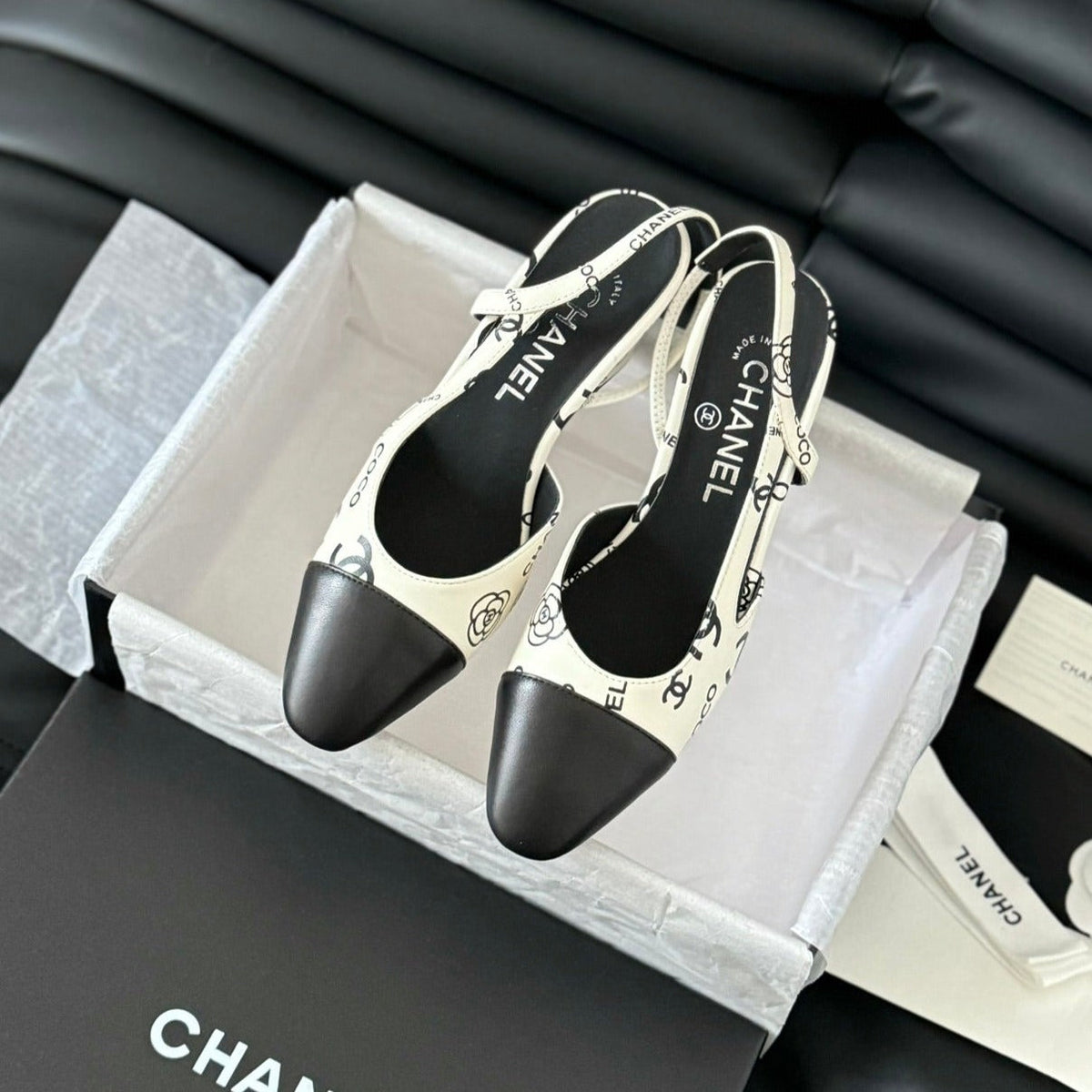 Chanel High Slingback in White Mix Black Lambskin