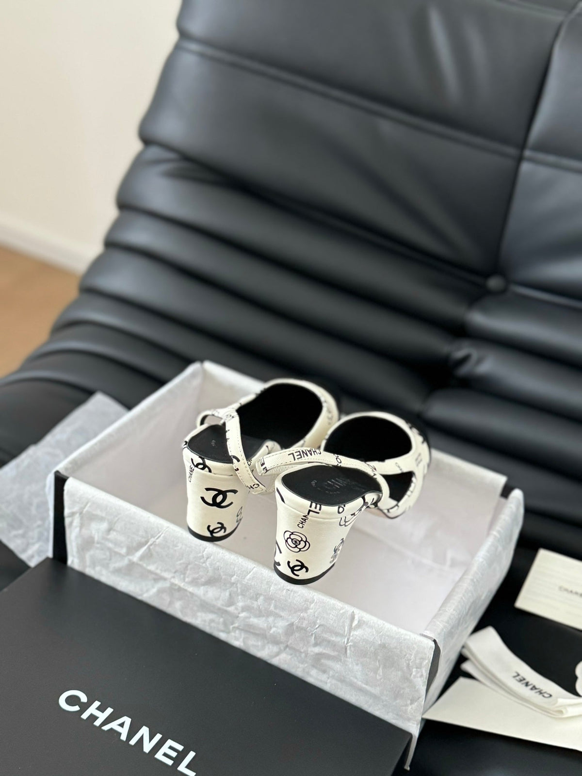 Chanel High Slingback in White Mix Black Lambskin