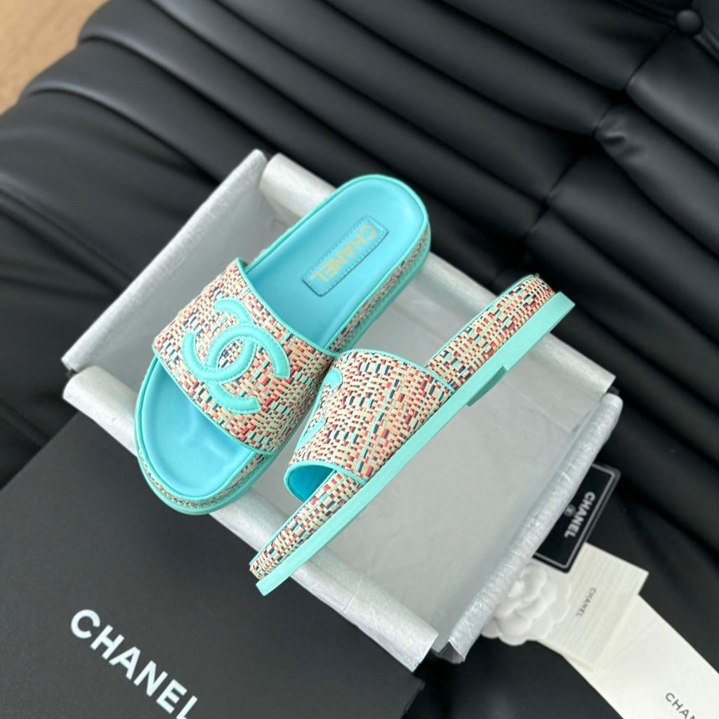 Chanel Slippers Sheepskin Azure Blue