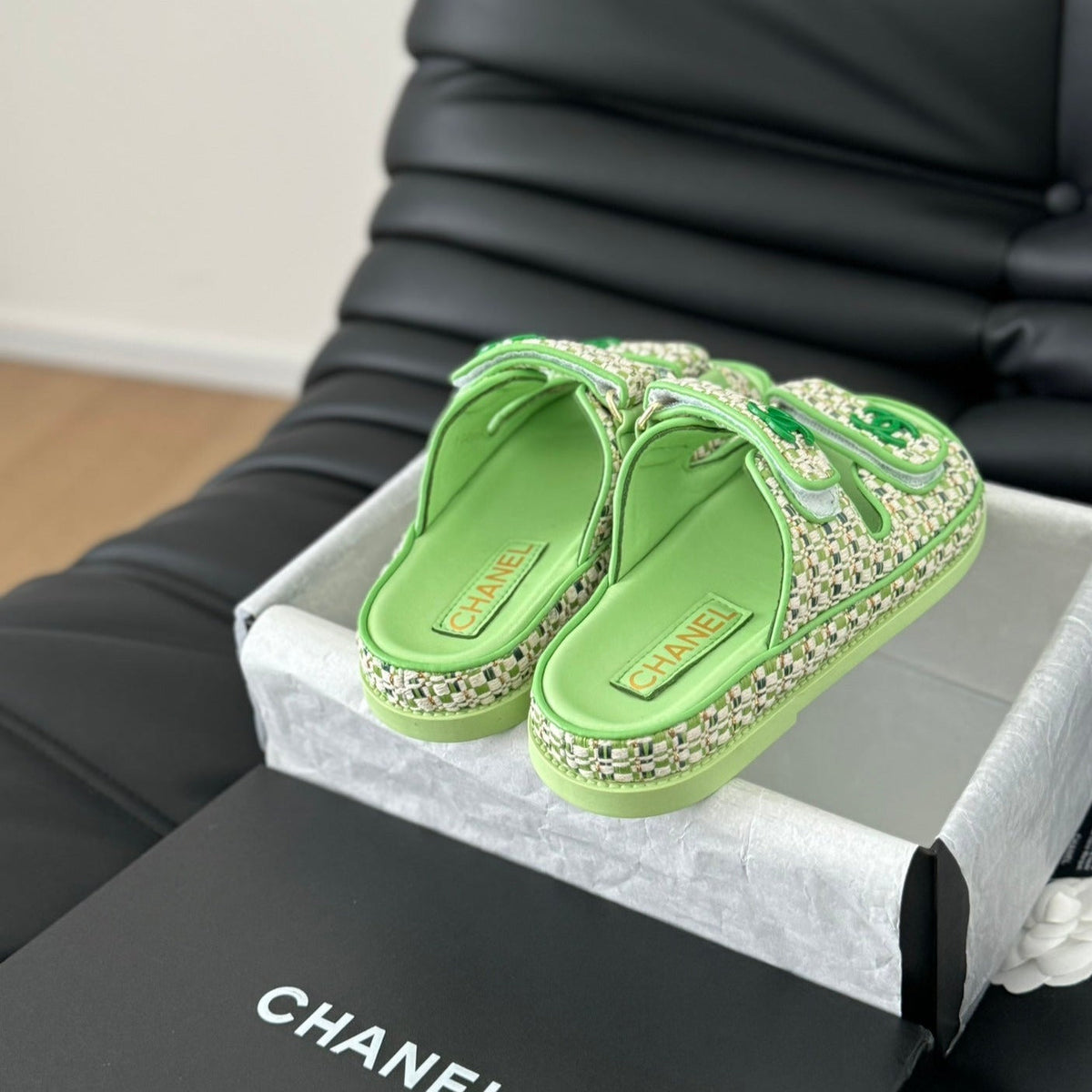 Chanel Mule Sandals Sheepskin Light Green