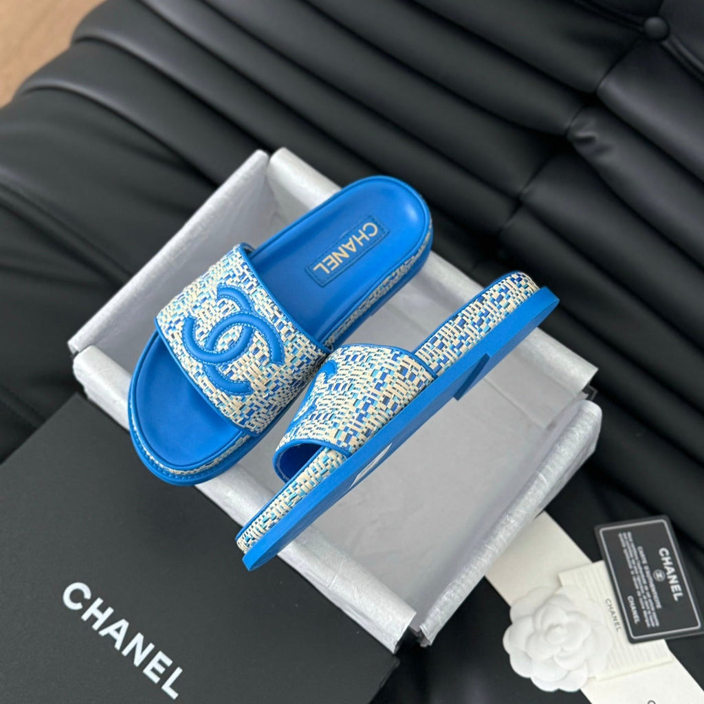 Chanel Slippers Sheepskin Cobalt Blue