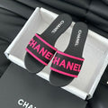 Chanel Woven Embroidered Letter Slippers Black Pink