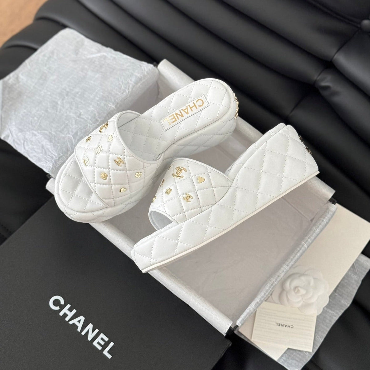 Chanel Thick Sole Slope Heel Weddge Lambskin White