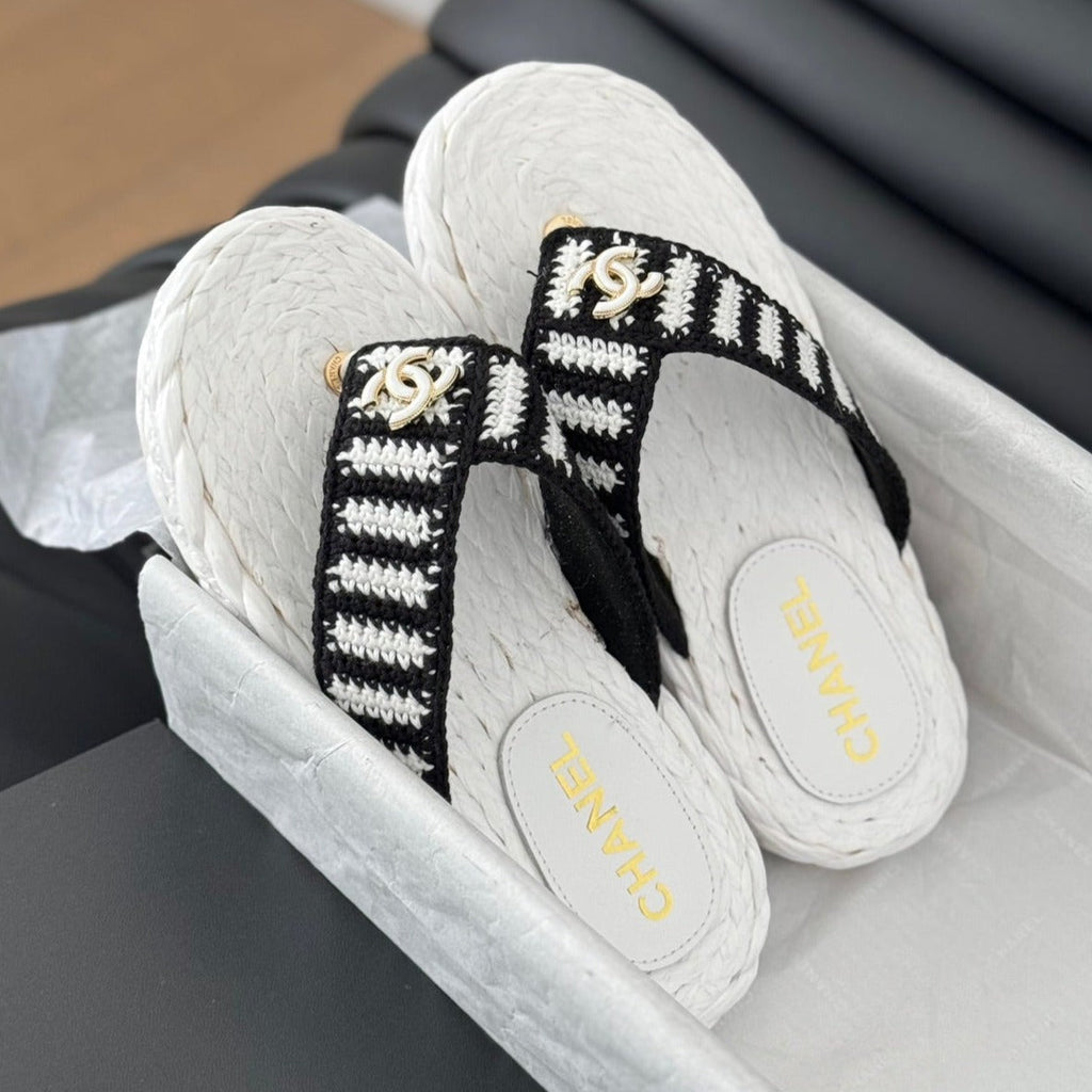 Chanel Hottest Knit Flip-Flops White Black