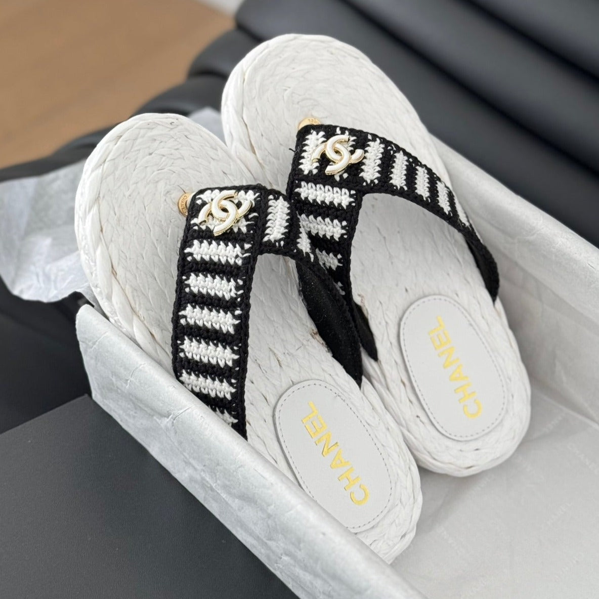 Chanel Hottest Knit Flip-Flops White Black