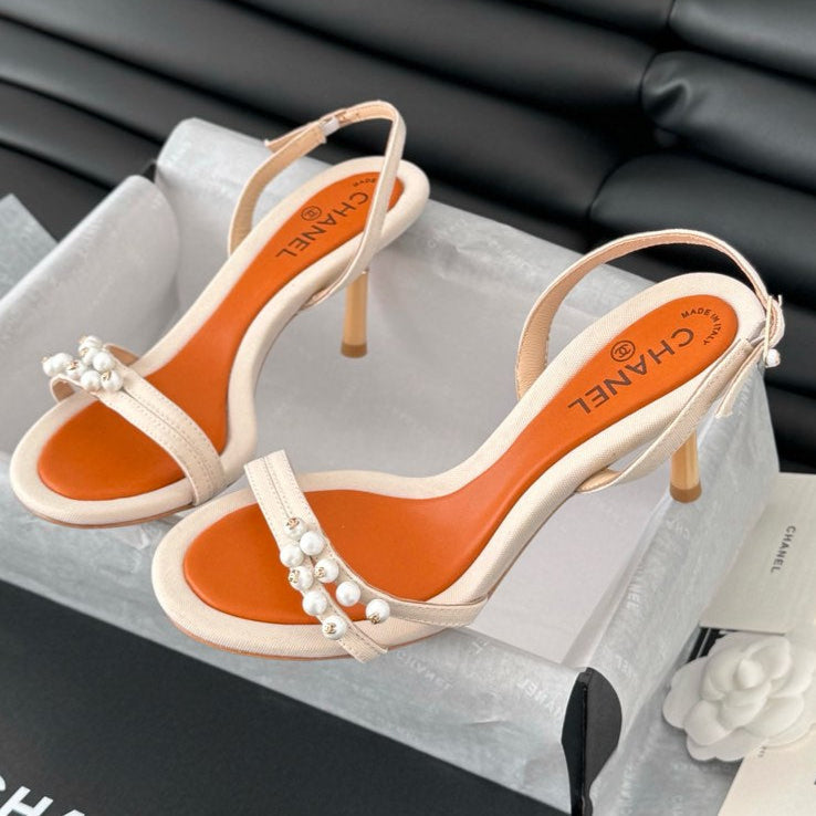 Chanel Pearl Sandal in White and Vivid Orange Lambskin 75 mm