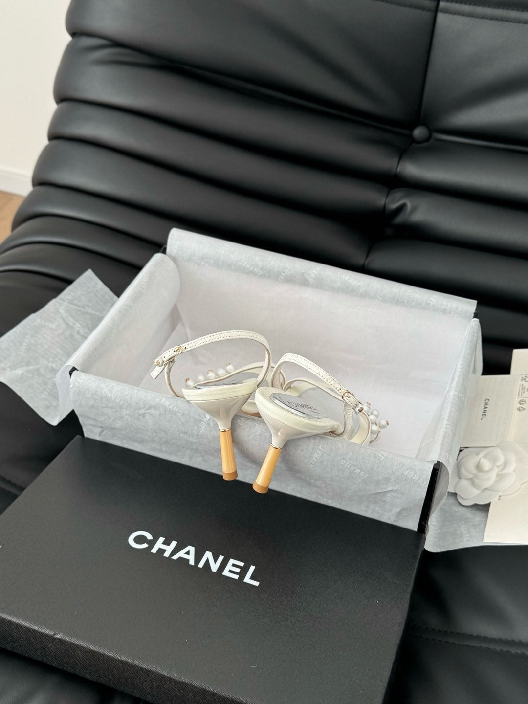 Chanel Pearl Sandal in White Lambskin 75 mm