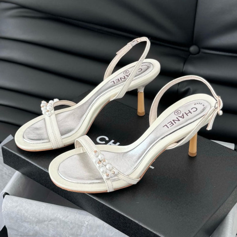 Chanel Pearl Sandal in White Lambskin 75 mm