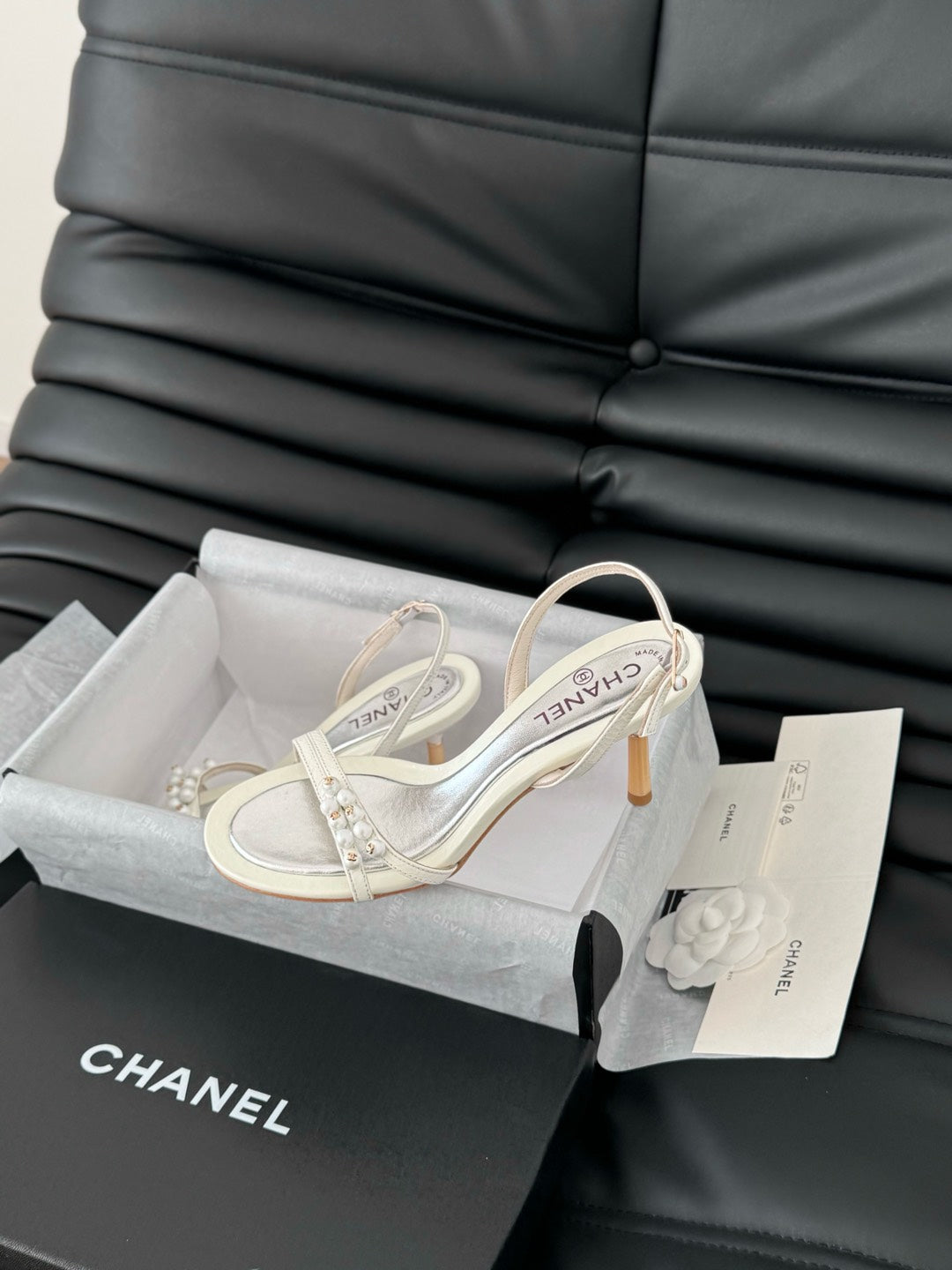 Chanel Pearl Sandal in White Lambskin 75 mm