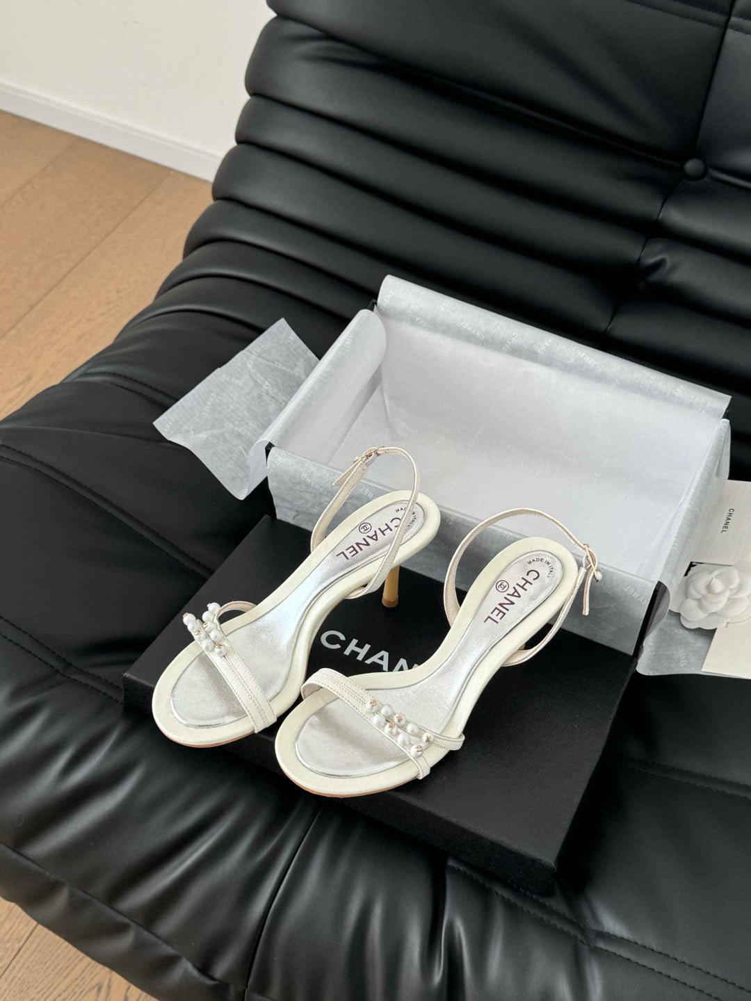 Chanel Pearl Sandal in White Lambskin 75 mm
