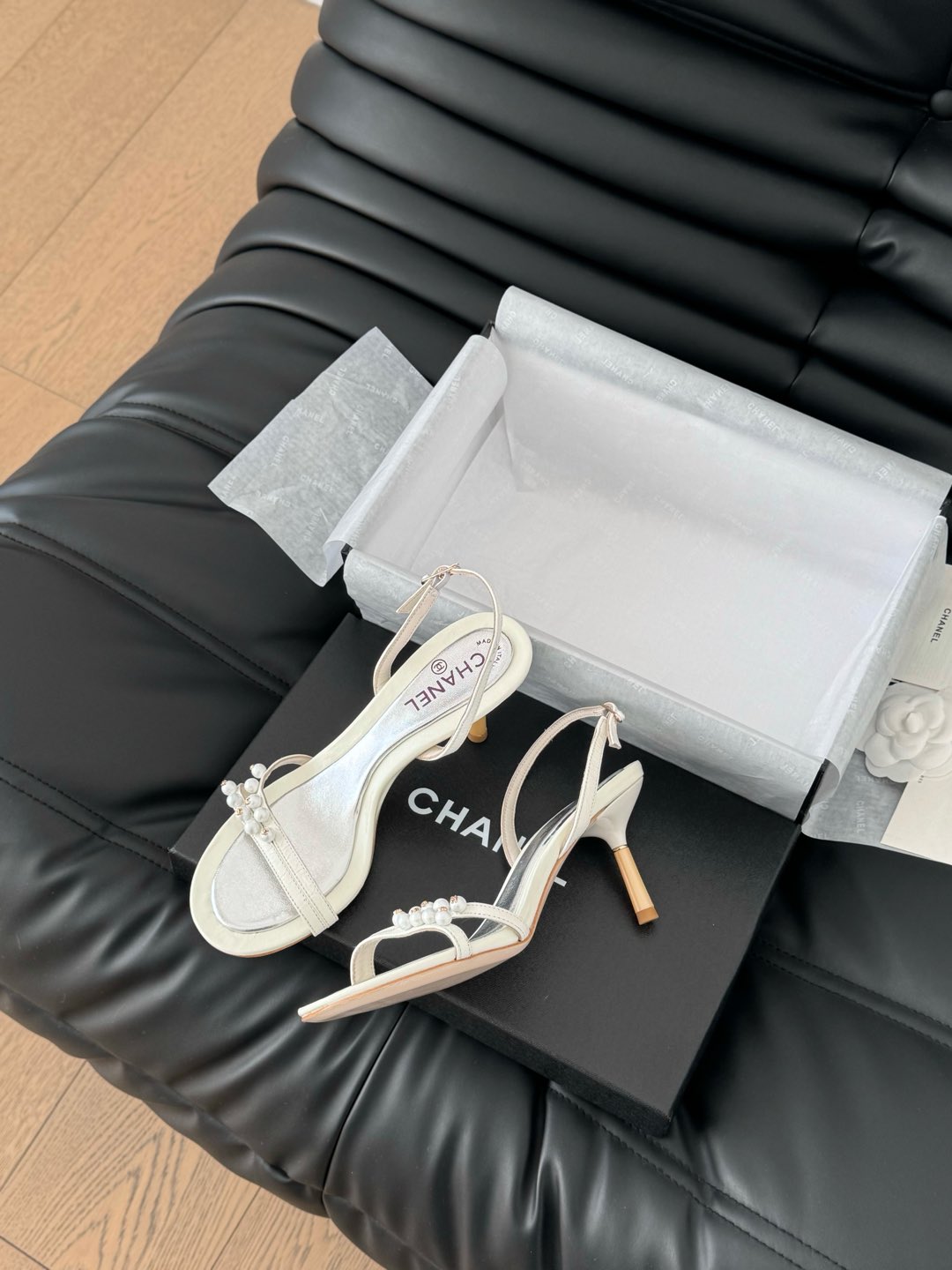 Chanel Pearl Sandal in White Lambskin 75 mm