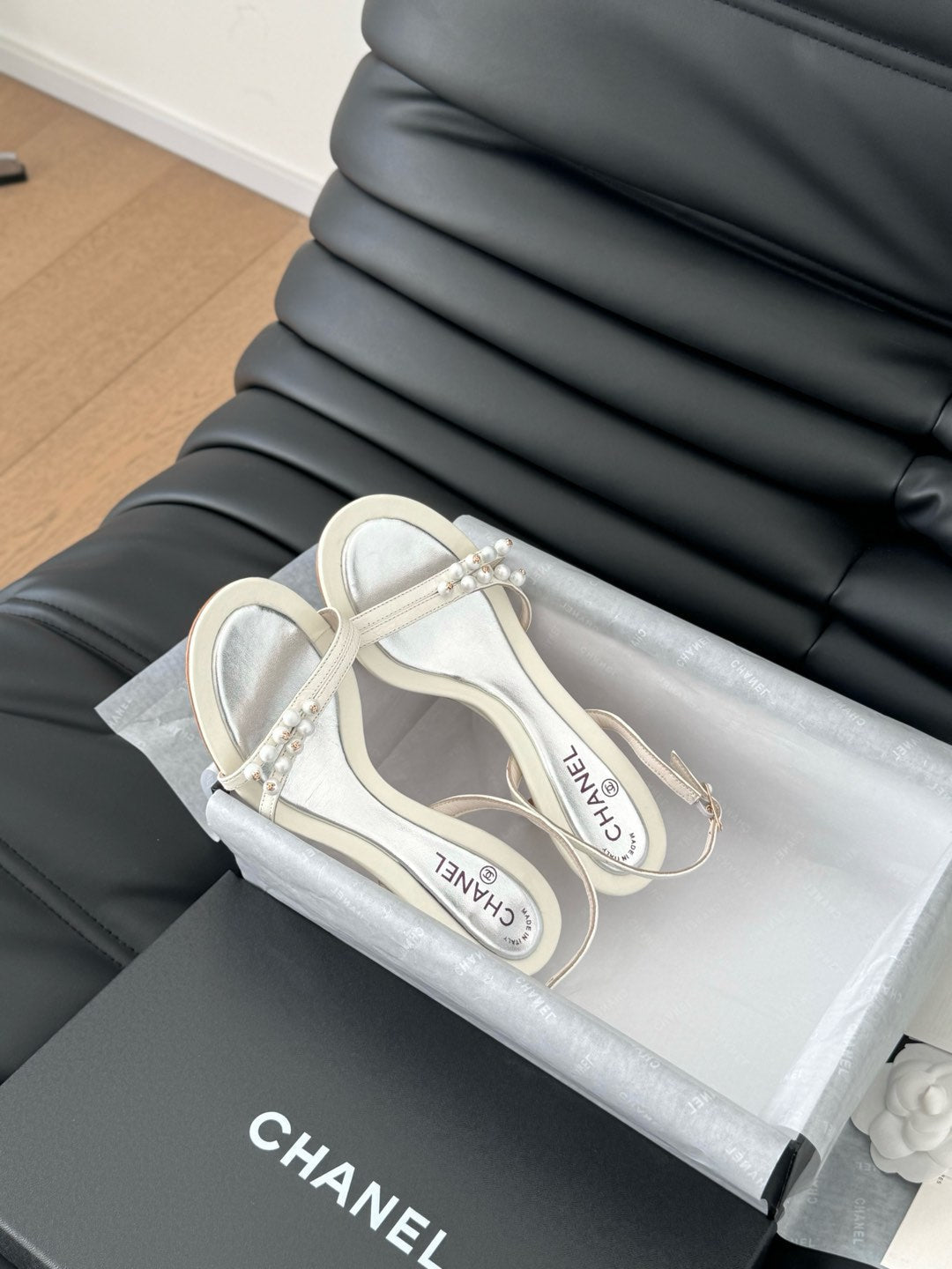Chanel Pearl Sandal in White Lambskin 75 mm