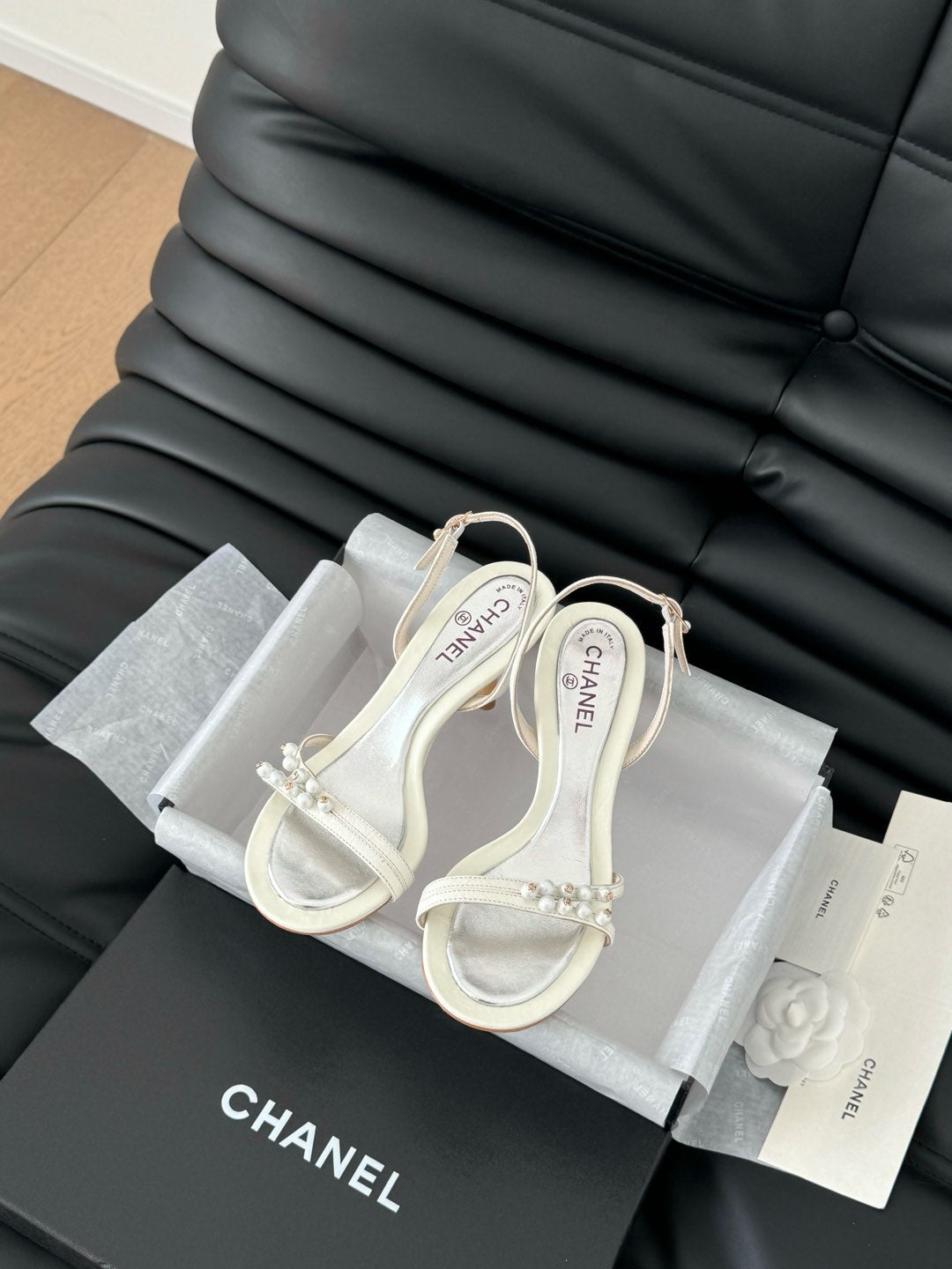 Chanel Pearl Sandal in White Lambskin 75 mm