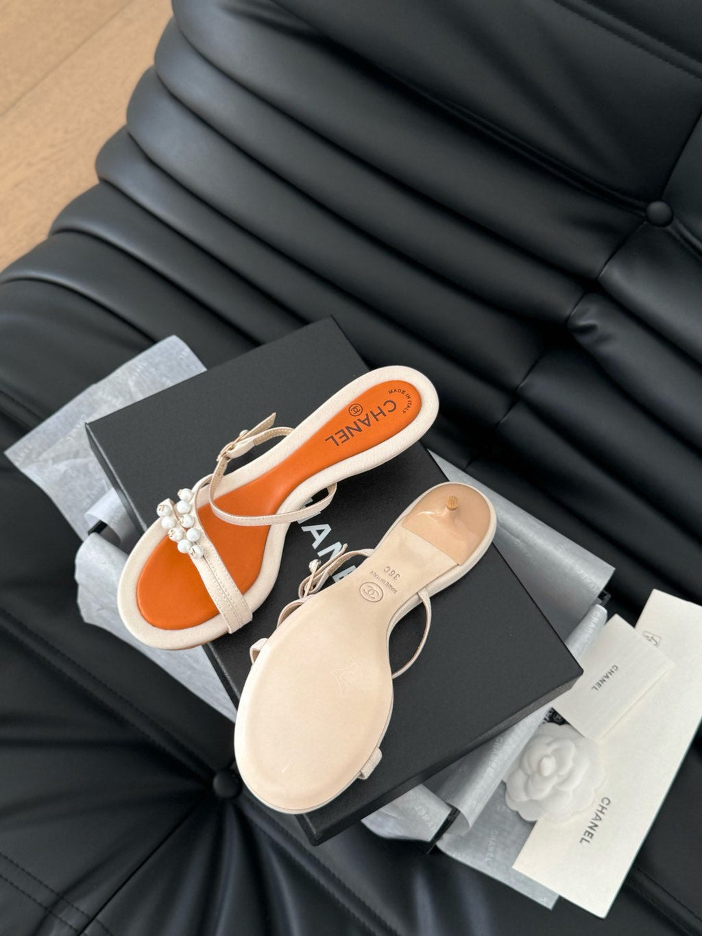 Chanel Pearl Sandal in Beige and Orange Lambskin 35 mm