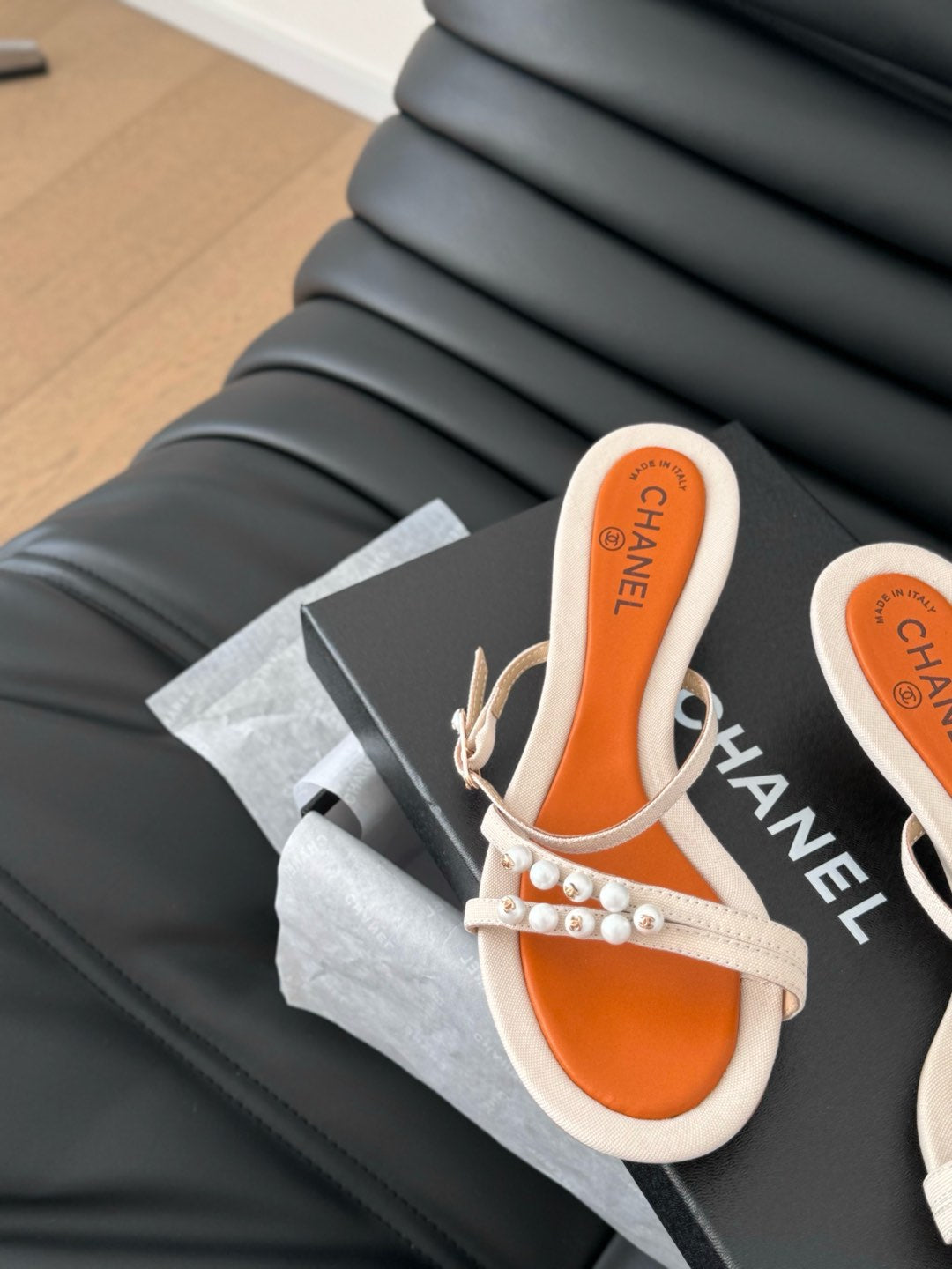 Chanel Pearl Sandal in Beige and Orange Lambskin 35 mm