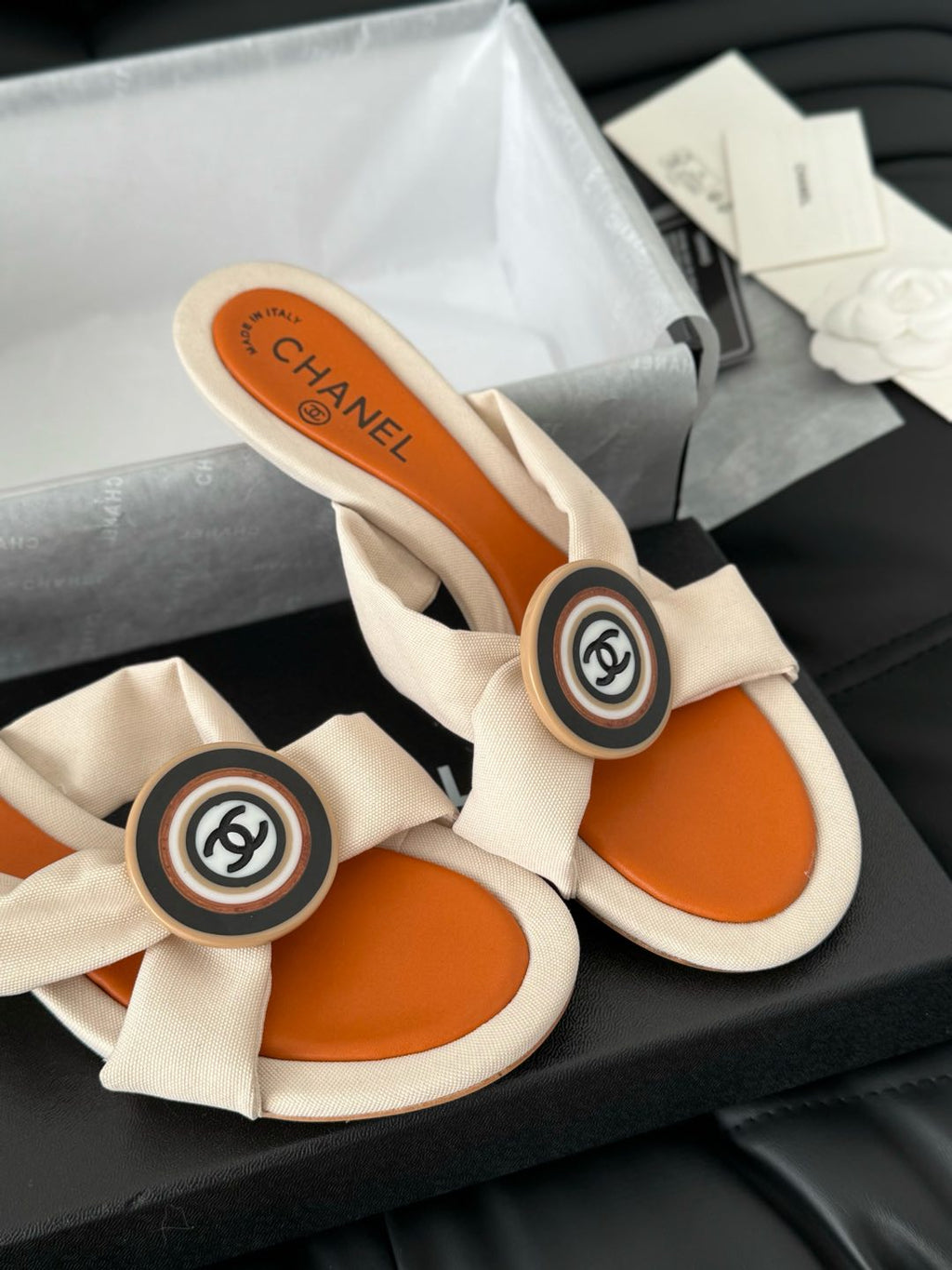 Chanel Vivid Orange Fabric Slide Sandals