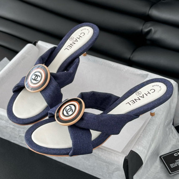 Chanel Navy Blue Fabric Slide Sandals