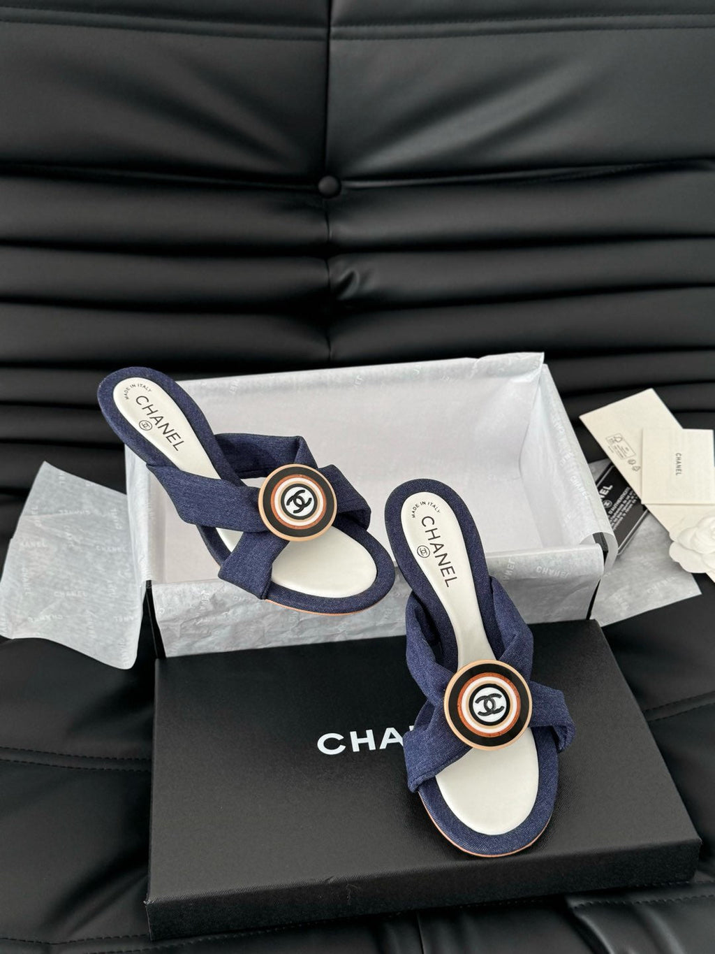 Chanel Navy Blue Fabric Slide Sandals