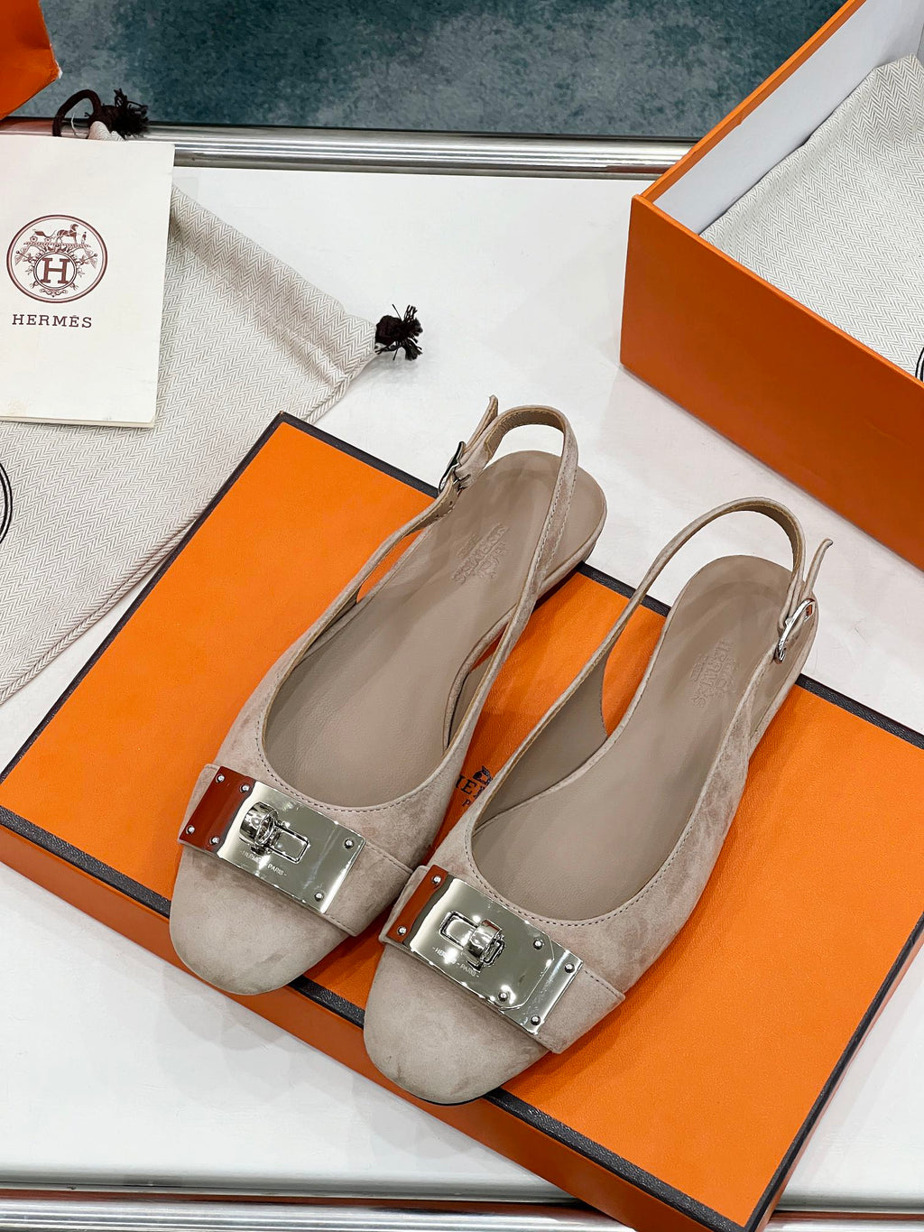 Hermes Innocente Slingback Pink Nude Suede