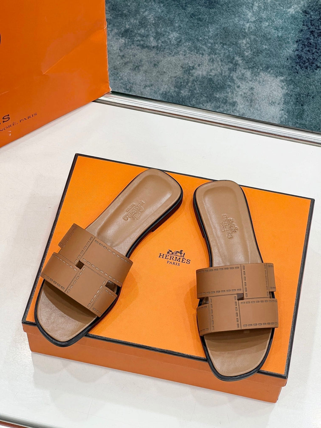 Hermes Idioma Sandal in Bronze Brown Calfskin