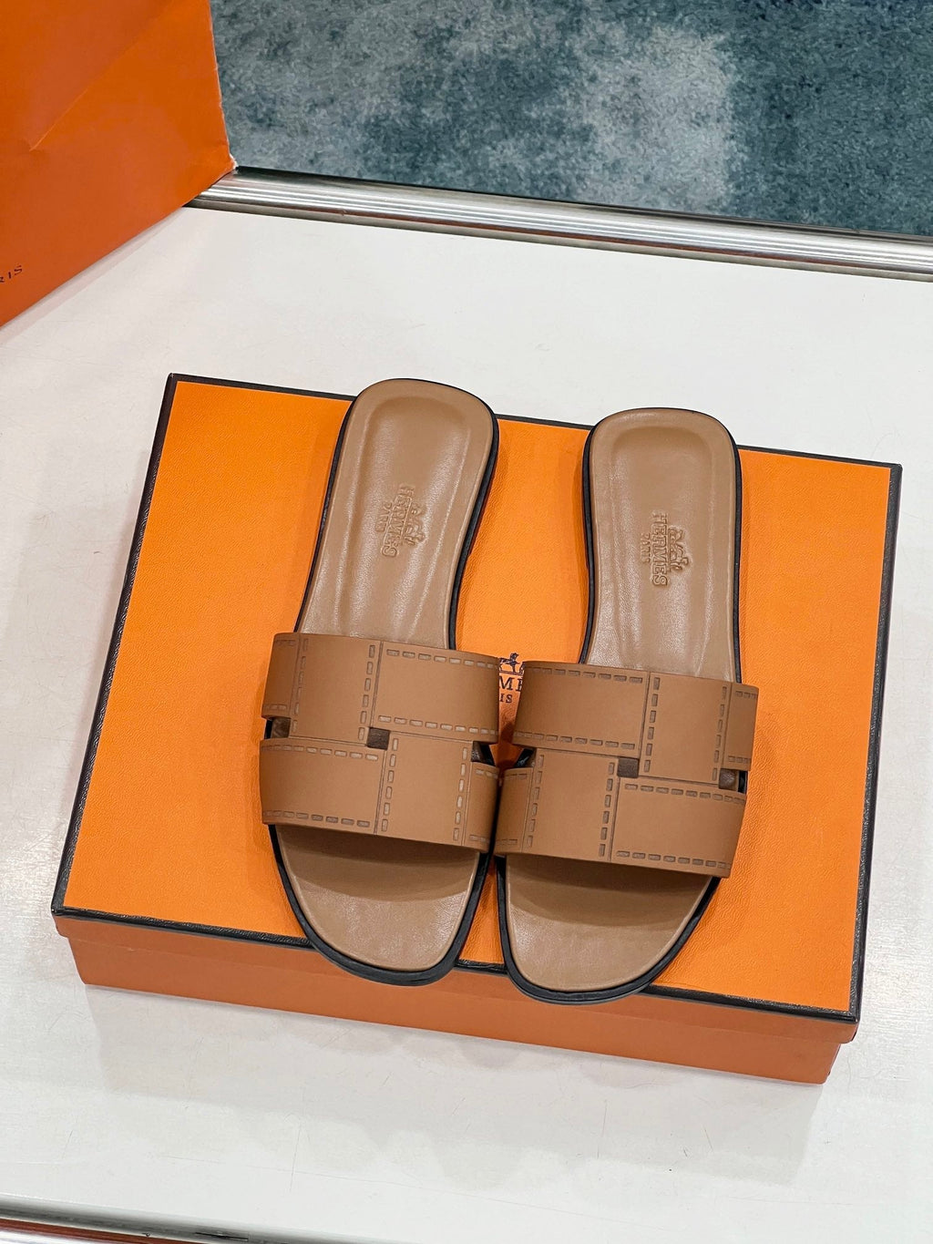 Hermes Idioma Sandal in Bronze Brown Calfskin