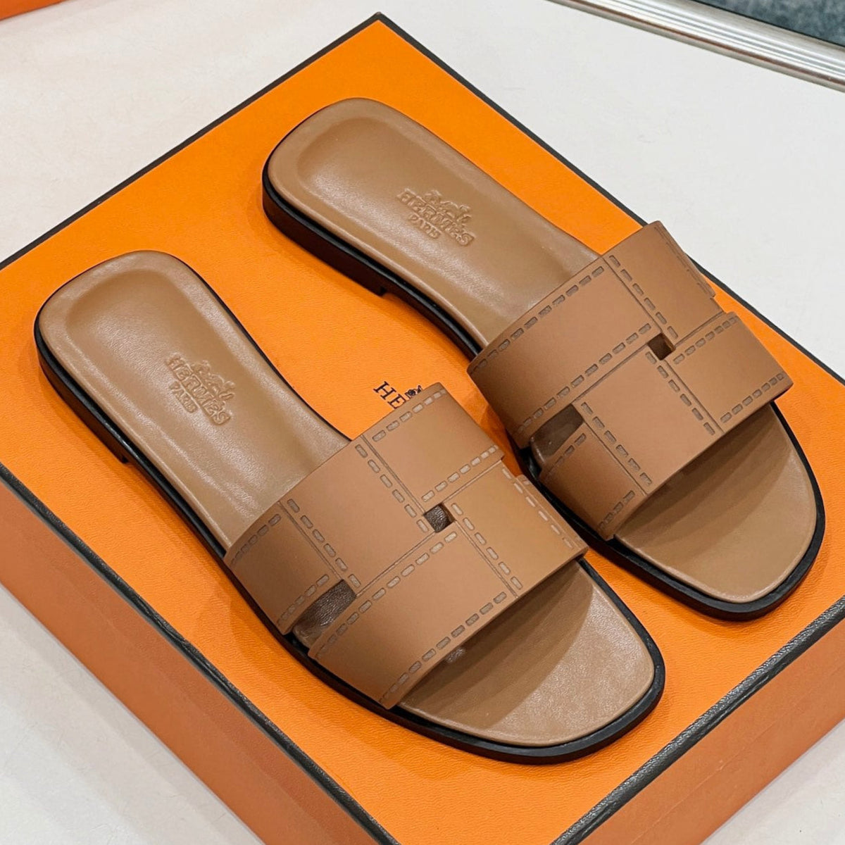 Hermes Idioma Sandal in Bronze Brown Calfskin