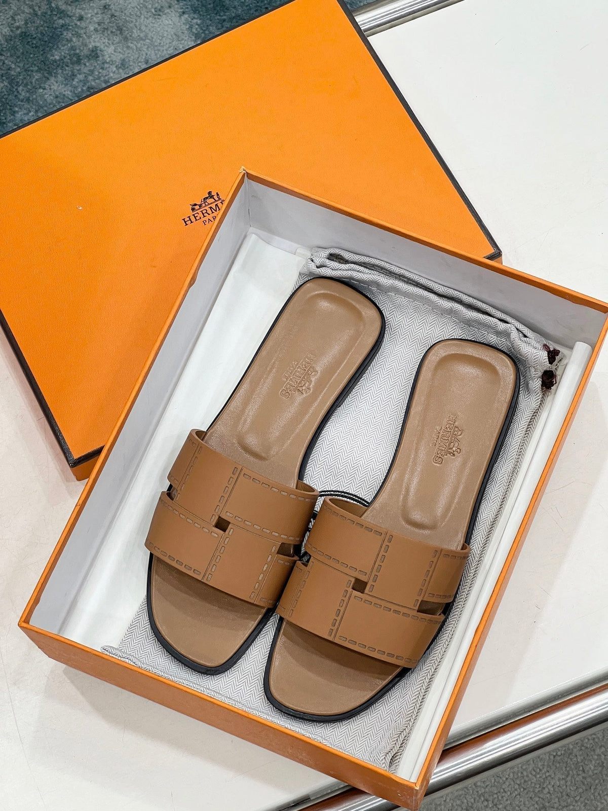Hermes Idioma Sandal in Bronze Brown Calfskin