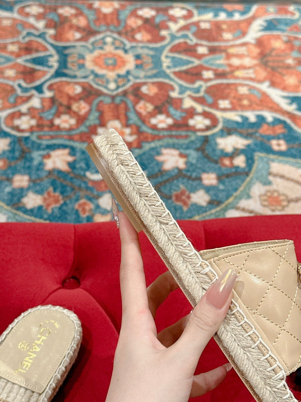 Chanel Flat Slippers in Beige Cream Lambskin and Woven with Logo